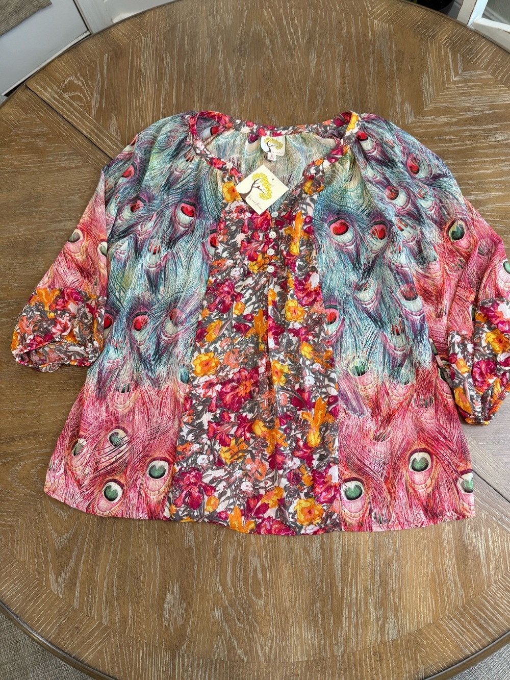 Fig and Floral Peacock Print Peasant Top - Multicolor